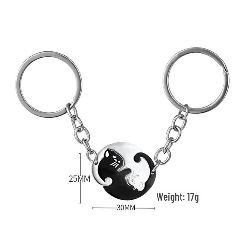 Black & White Love Cat Keychain Pendant for Couples - Stainless Steel Anti-Loss Keyring Accessory