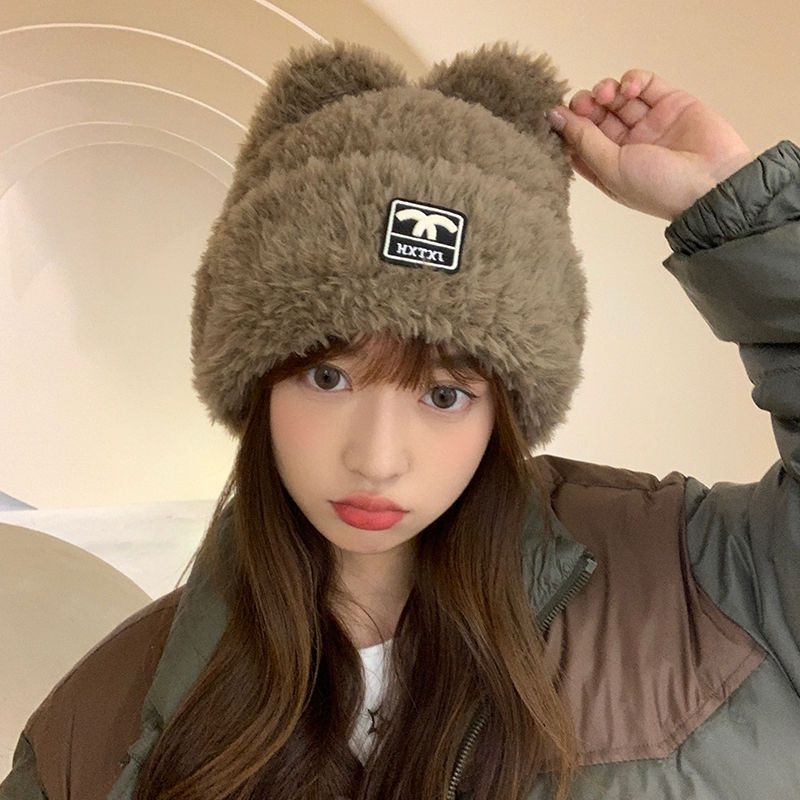 

Милая шапка-бини с медвежьими ушками для женщин, пушистая вязаная шапка с ушками, зимняя теплая шапка-бини, которая делает лицо визуально меньше дубильная кора