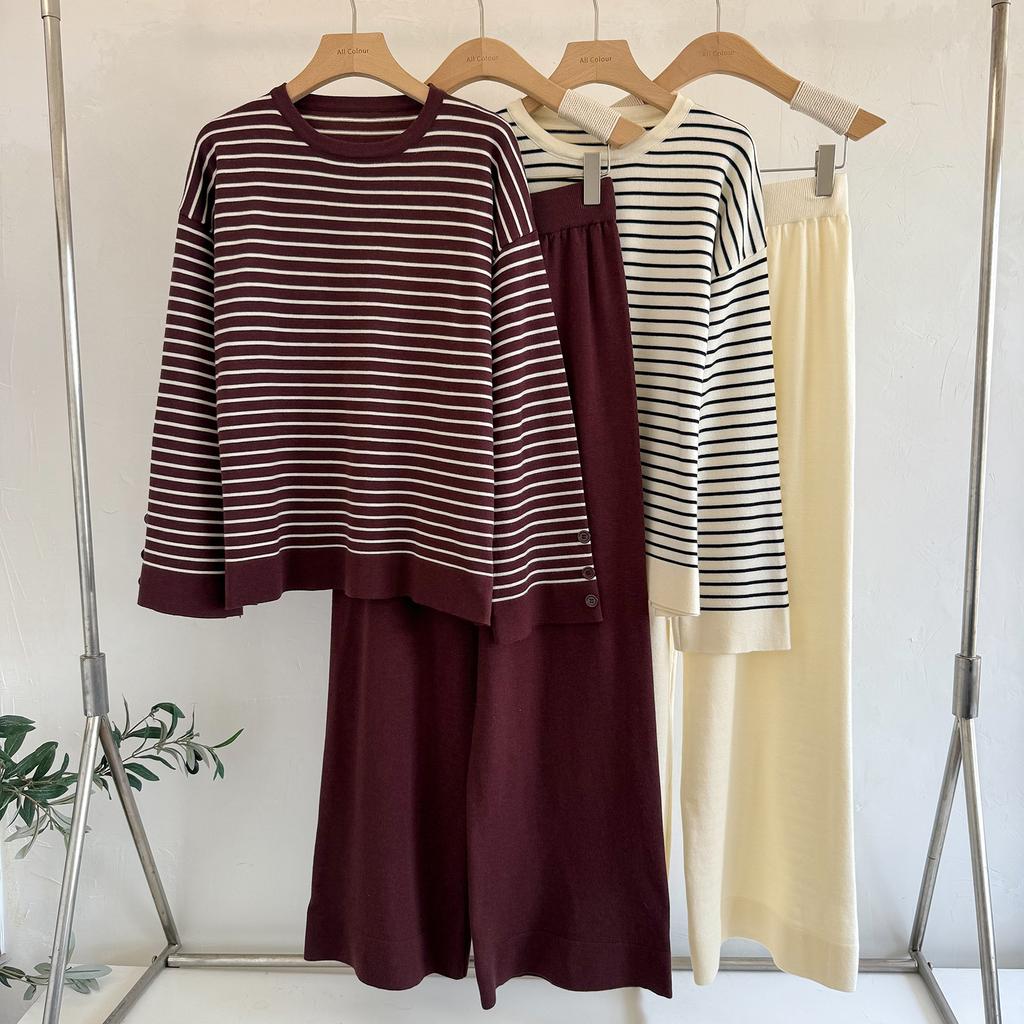 Korean Casual Suit Women's Autumn and Winter Women's Clothing Striped Top Casual Wide-leg Pants Fashion Temperament
