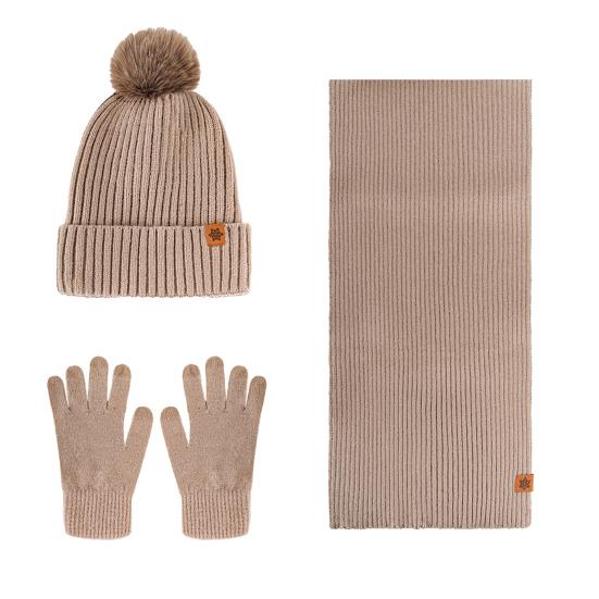 3Pcs/Set Winter Knitted Scarf Gloves Set Pom Pom Ball Double Layer Thickened Brimless Hat Touchscreen Gloves Neck Warmer Set