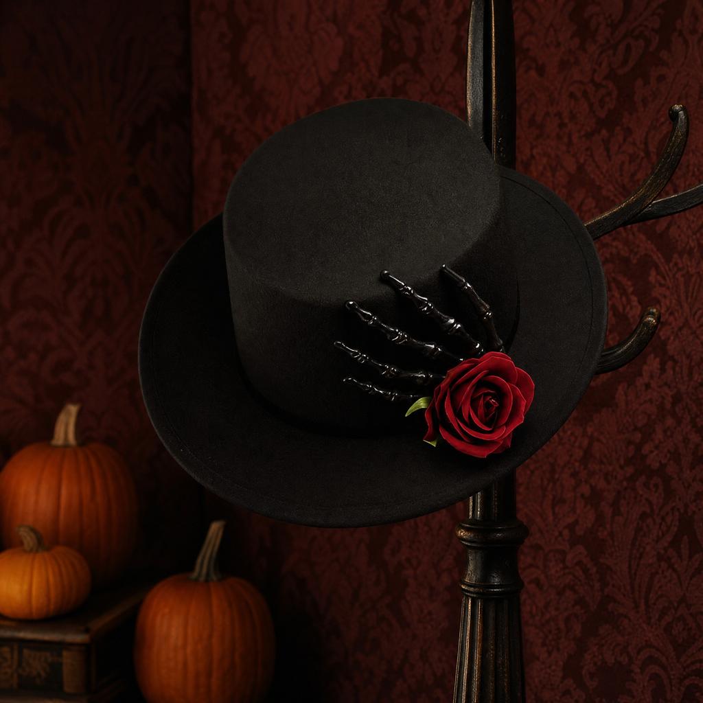 Halloween Wool Top Hat with Hand and Red Rose Decoration