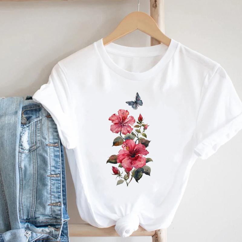 T-shirt Top Imprimé Libellule Fleur pour Femme Vêtement Mode d'Été T-shirt Décontracté Manches Courtes pour Dame Femme T-shirt Graphique