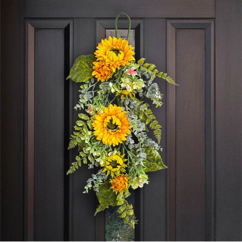 Yellow Sunflowers Wreath Realistic Artificial Sunflowers Wreath Spring Summer Wreath with Leaves for Front Door Decor
