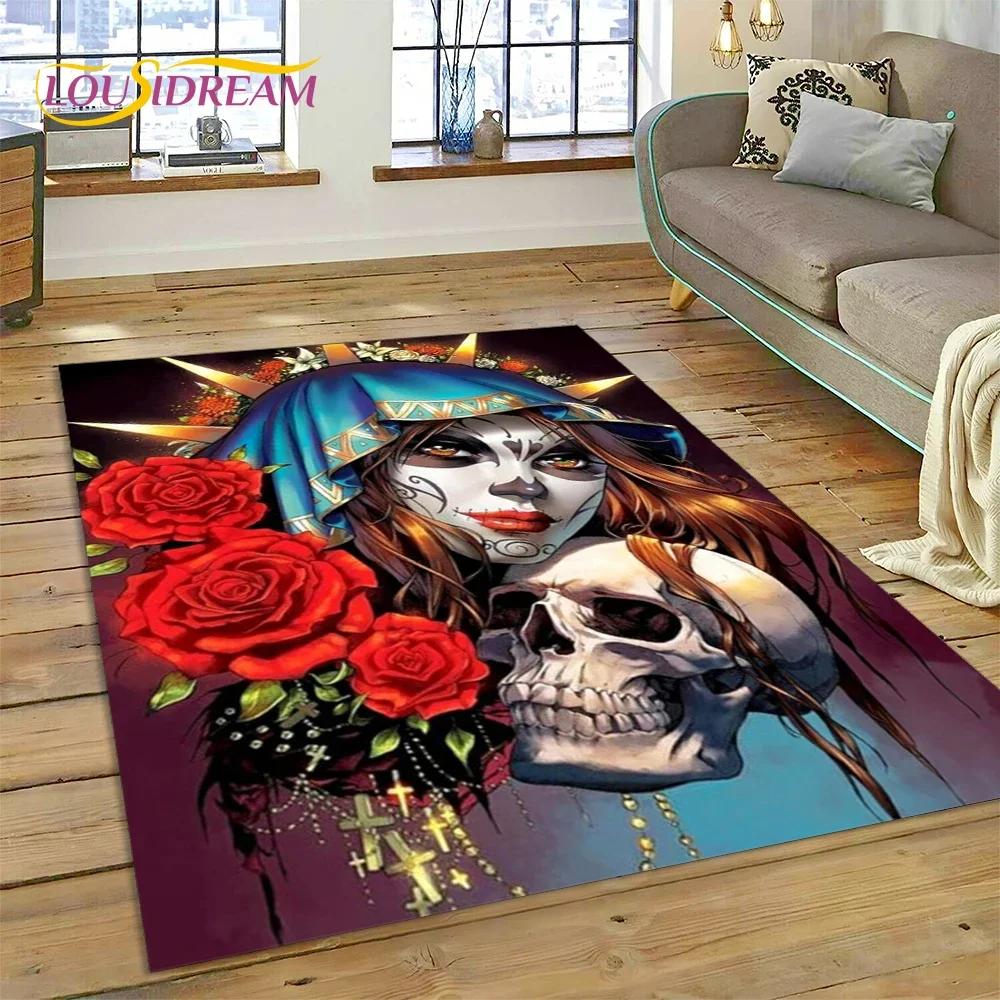 Skull Dead Girl Gothic Horror Female Rose Carpet Rug for Bedroom Living Room Home Sofa Decoration,Kid Game Large Decor Floor Mat