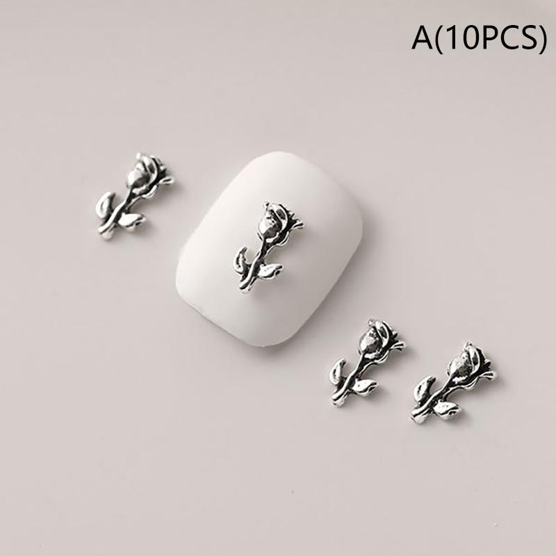 10Pcs 3D Rose Nail Art Ornament Alloy Nail Art Charms Diy Craft For Nail Decoration Silver Retro Flower Nail Charm Jewelry Salon