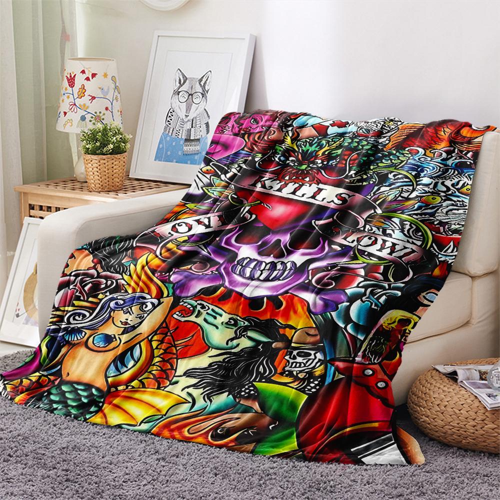 1Pc Hardy Tattoo Print Flannel Blanket, High quality Comfortable for All Seasons, Home Decor, Warmth and Comfort, Perfect for Christmas Gifts