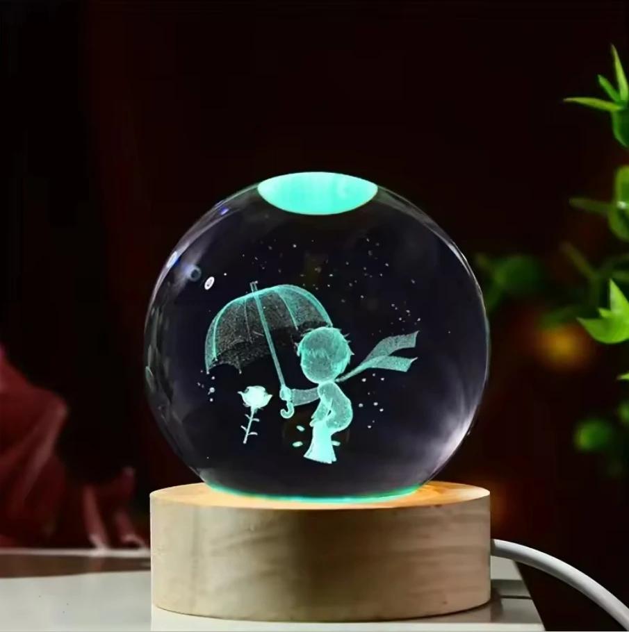 Umgebungslicht Saturn 3D Kugel Lampe Sonnensystem Kristallkugel mit Mehrfarbiger LED Lichtbasis Stimmungslicht Geschenke Geburtstag