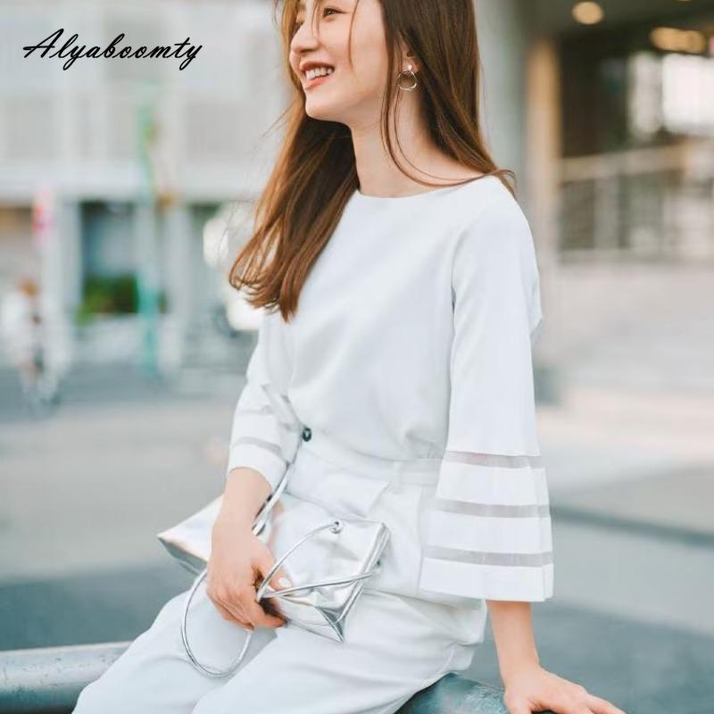 Korejská móda Jaro Léto Dámský základní top s krátkým rukávem O-výstřih Bílý Černý Pletený T-shirt Zvonový rukáv Ležérní Volný Pletený Dámský T-shirt