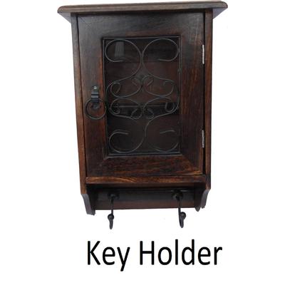 El Sanatı ANTİKA GÖRÜNÜMLÜ DUVAR ASKI KUTUSU Ahşap, Cam, Demir Anahtarlık  (8 Kancalı, Kahverengi)