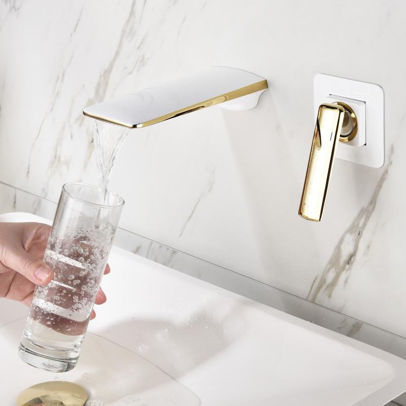 Basin Faucet Bathroom Water Mixer Tap White Gold Brass Concealed Basin Water Sink Mixer Crane Wall Mounted