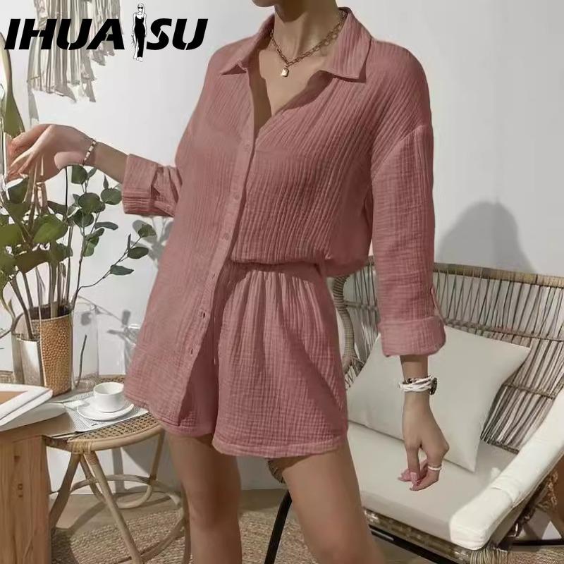 

IHUASU Женский весенне-летний модный однотонный костюм с длинными рукавами, женские повседневные свободные шорты, комплект из двух предметов XL румяный розовый