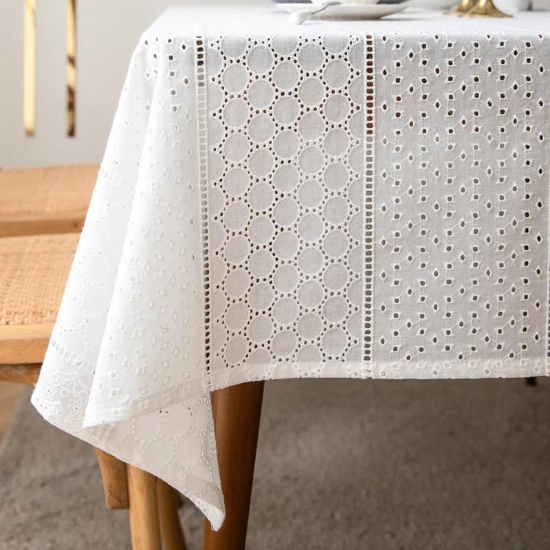 White Cotton Tablecloths Lace Rectangle Dust-Proof Table Cover For Birthday Party Kitchen Dinner Baby Shower Wedding Decorations