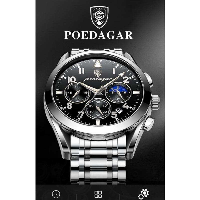 POEDAGAR Men Watches Stainless Steel Top Luxury Fashion Business Wristwatch Waterproof Luminous Quartz Watches