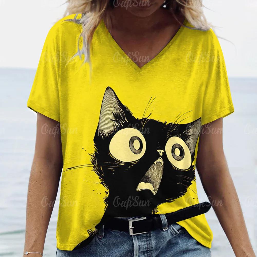 Letni Damski T-shirt Modny Wzór Kreskówkowy Kot Dekolt V Bluzki Koszulki Damska Codzienna Odzież z Krótkim Rękawem Damski Strój Vintage