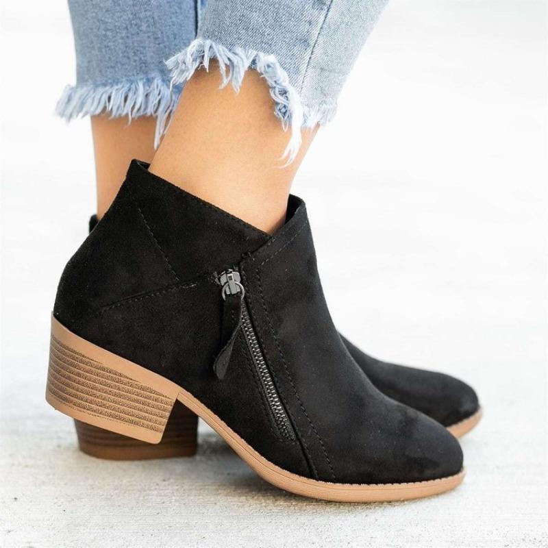 Wish Women's Shoes New Thick Heel Large Size Women's Boots Suede Martin Boots Low Heel Side Zipper Short Boots Women