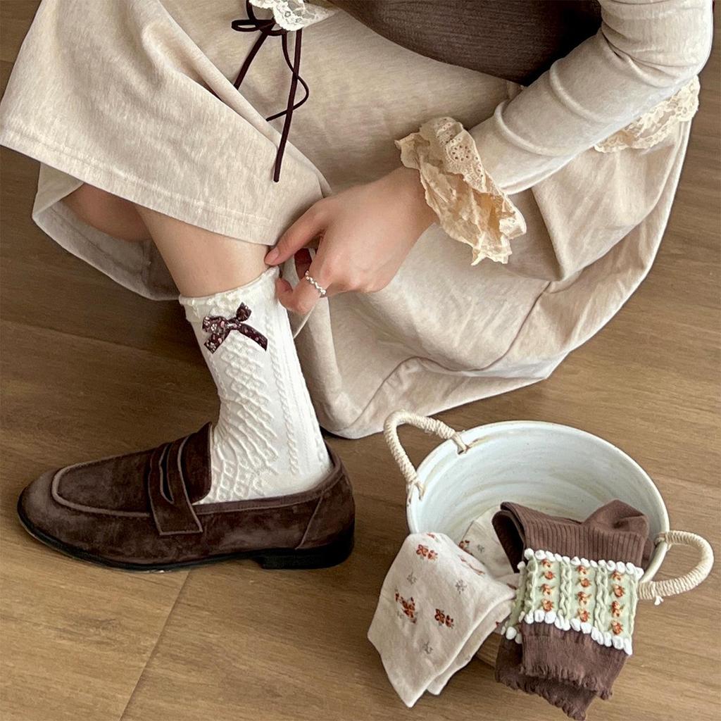 Floral Series Bow Knee-High Women's Mid-Calf Socks - Autumn/Winter Niche Original Scrunch Style