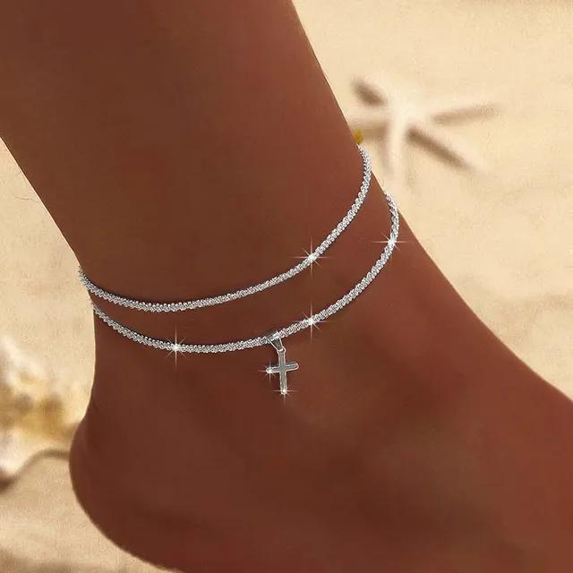 Funkelnde dünne Kette Fußkettchen für Frauen Zirkon Herz Kreuz Anhänger Doppelschicht Armband am Bein Fuß Trendy Sommer Strand Schmuck