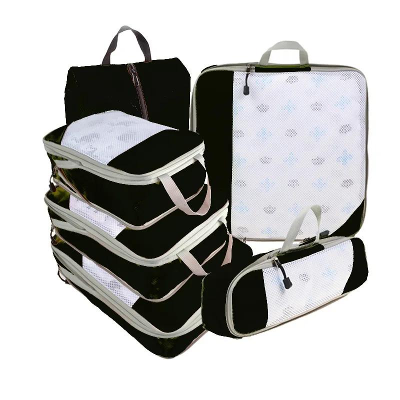6PCS Mesh Visual Luggage Portable Packing Cubes Lightweight Suitcase Bag Compressed Travel Storage Organizer Set with Shoe Bag