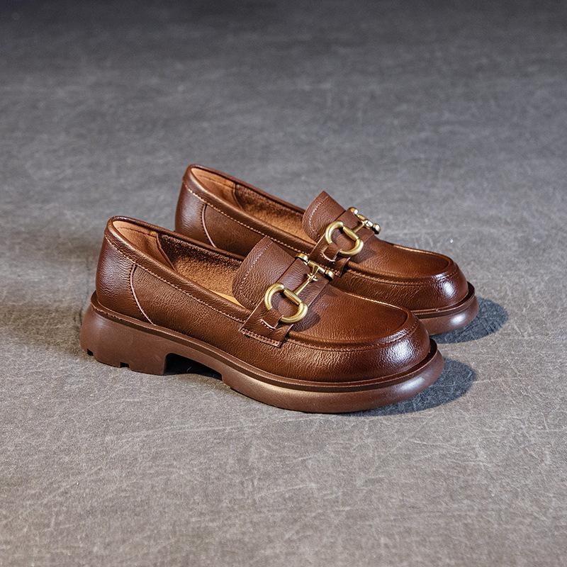 2025 Spring and Autumn New Single Shoes Cowhide Metal Buckle Loafers Middle Heel Soft Sole Comfortable Versatile Casual Single Shoes Women