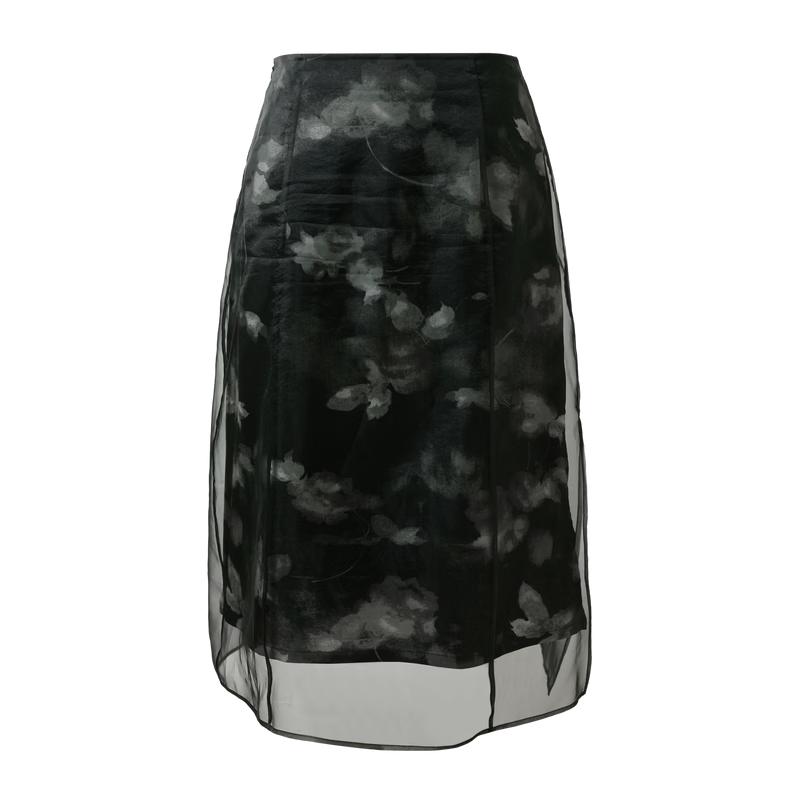 New Chinese Style Floral Print Organza A-Line Long Skirt XL
