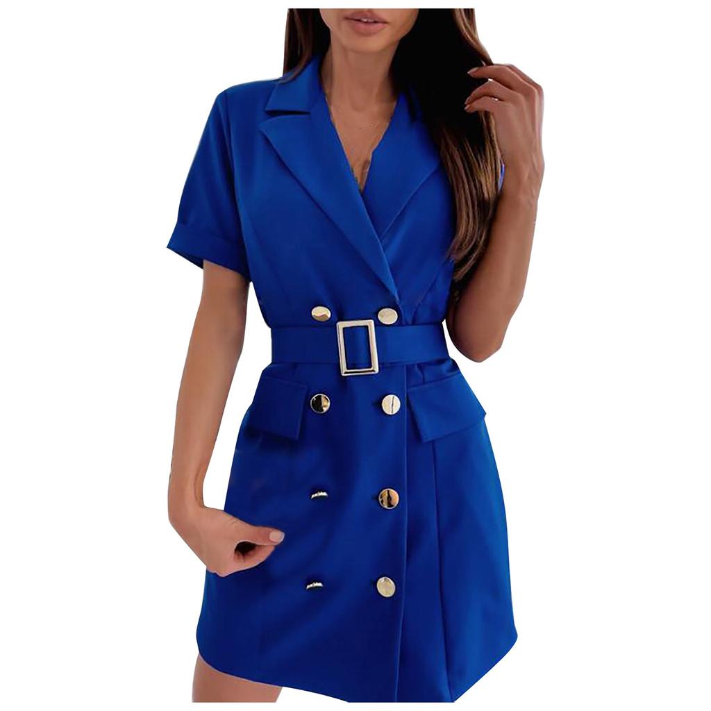 Dámské ležérní módní šaty s krátkým rukávem a stahovacím pasem a zdobené knoflíky