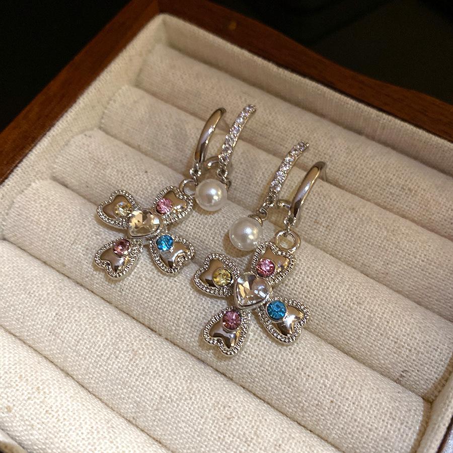 Silver Needle Zircon Diamond Flower Pearl Pendant Earrings Personalized Design Earrings Light Luxury Premium Earrings