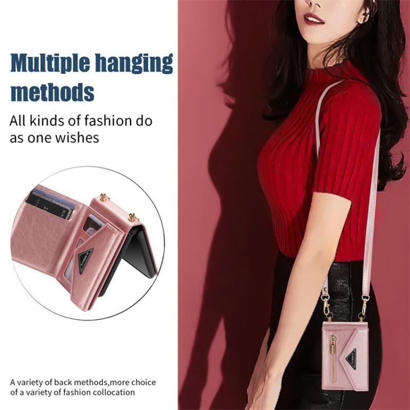 Crossbody Lanyard Leather Phone Case for Samsung Galaxy Z Flip 6 5 4 Flip6 Flip5 Flip4 Zipper Wallet Card Slot Holder Cover