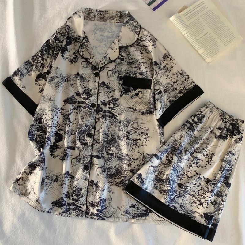 New Chinese Ink Painting Printing Short-Sleeved Shorts Women'S Summer Temperament Style Loungewear Can Be Worn Outside