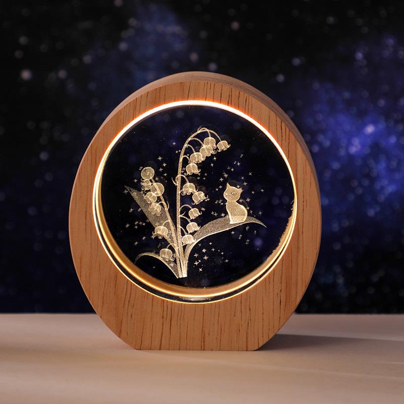 Planet Night Light 3D Inner Engraving Luminous Crystal Desktop Ornament Wooden Base