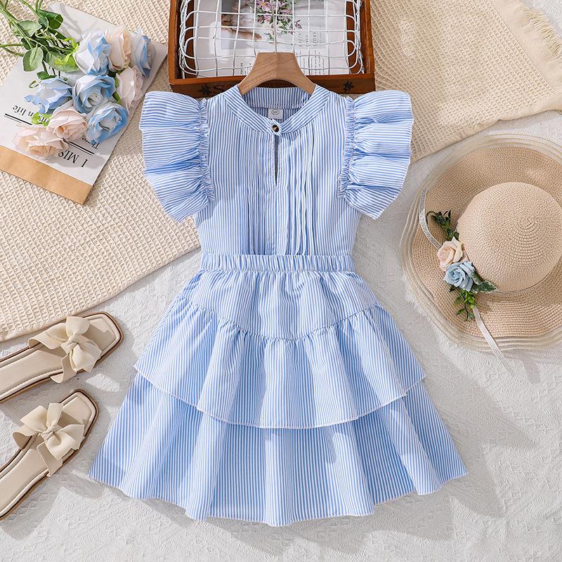 

Girls Fashionable Sky-blue Outfit - Summer Children s Elegant Top and Skirt Set 130cm=8Y небесно-голубой