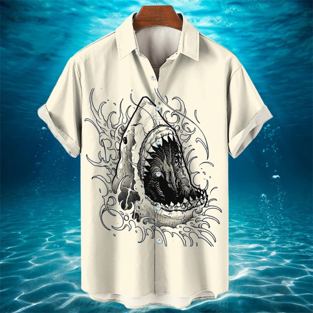 3D Animal Shark Print Hawaiian Shirt Men's Summer Casual Shirt Fashion Short Sleeved Sea World Loose Street Blouse Clothes