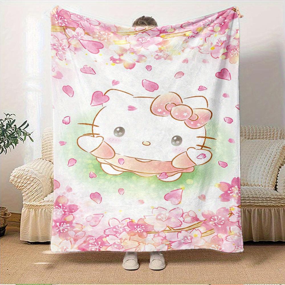 1pc Kitty, Pink, FlowersDigital Print Fleece Blanket - Contemporary Style, Suitable for All Seasons, Perfect for Home, Travel, or Camping -