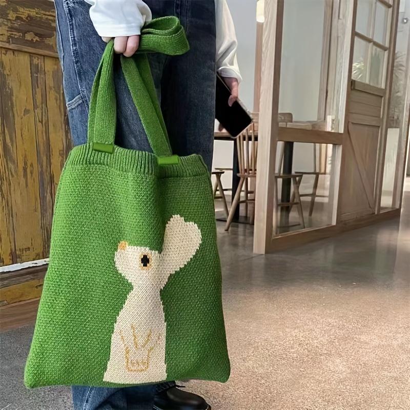 Green Knitted Rabbit Tote Bag, Fashionable Looking Up Rabbit Knitted Bag, Portable Shopping Shoulder Bag