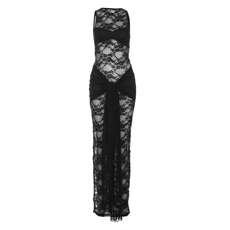 

Lace Hollow See through Dress Lace Cut Out round Neck Silm See-through Dress Black L