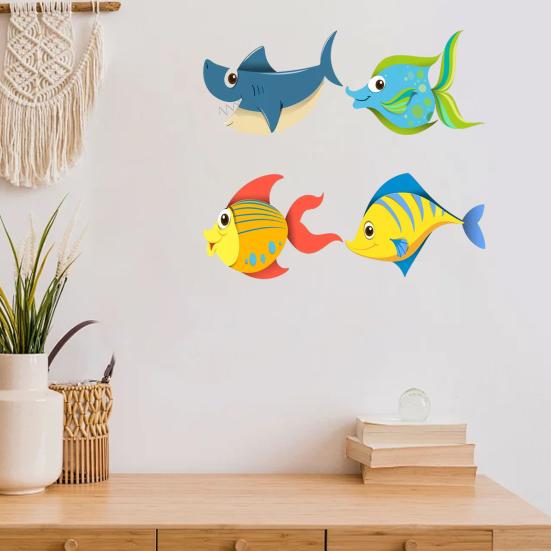 4 Pcs Wood Fish Nautical Wall Decor, Ocean Fish Shark Rustic Hanging Beach Decor, Cartoon Coastal Wall Art for Living Room, Nursery