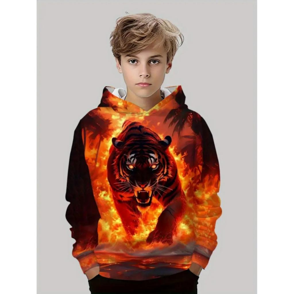 Animal Hoodie Cool Tiger Pattern 3D Print Tops Autumn Fashion Loose Pullover Long-Sleeve Hoodie Comfort Children's Clothing Boy