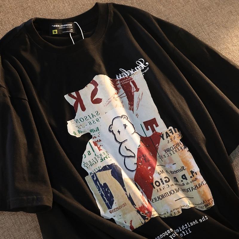 Oversize Loose Women's T-irt Ort Sve Korean Sle Hong Kong Faion Street Sle Ular Round Ne Cotton Top