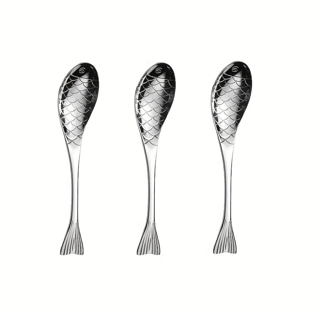 3/6/12 ks Nerezová sada příborů ve tvaru ryby s ozdobnými rukojeťmi, Elegantní lžička na kaviár, Polévková lžíce, Dezertní lžička pro domácnost