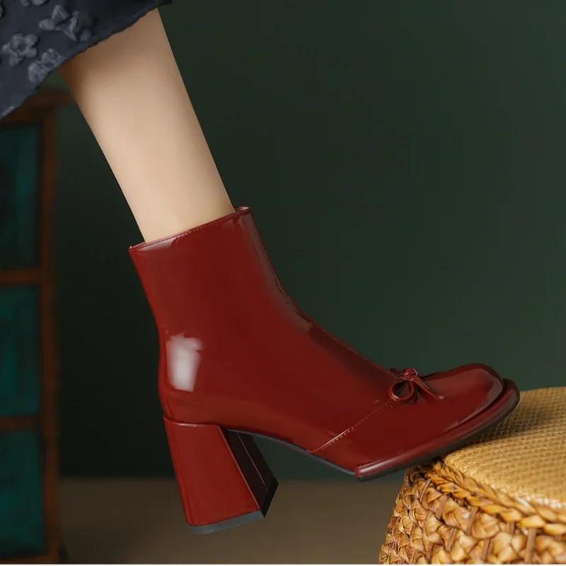Spring and Autumn New Style Bow Round Toe Square Heel Zipper Short Boots Elegant Sexy Temperament Casual Fashion Women's Boots