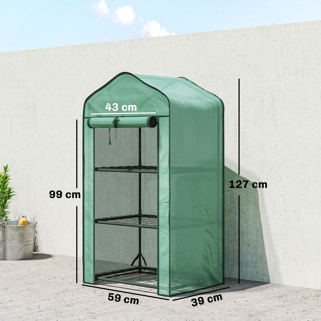 Garden Greenhouse, 3-Tier Shelves, PE Cover, Steel Frame, 59 X 39 X 127 Cm, Green
