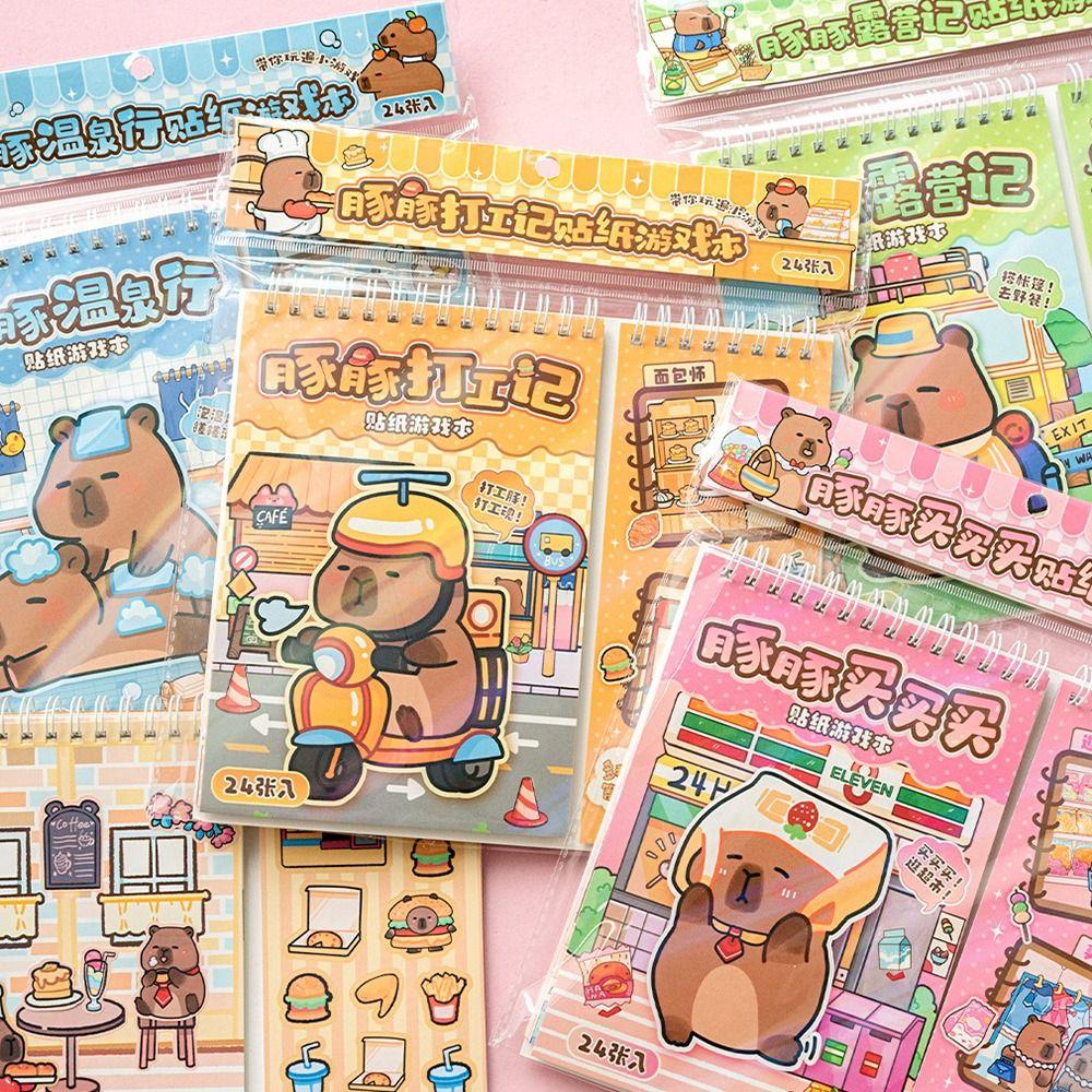 24in1 Capybara Landscape Sticker Book Miniature Scene Collection Cartoon 3D House Stickers Supermarket Bedroom PET