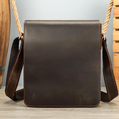 Men's Crazy Horse Leather Shoulder Bag Retro Cover High End Vertical Postman Crossbody Trendy