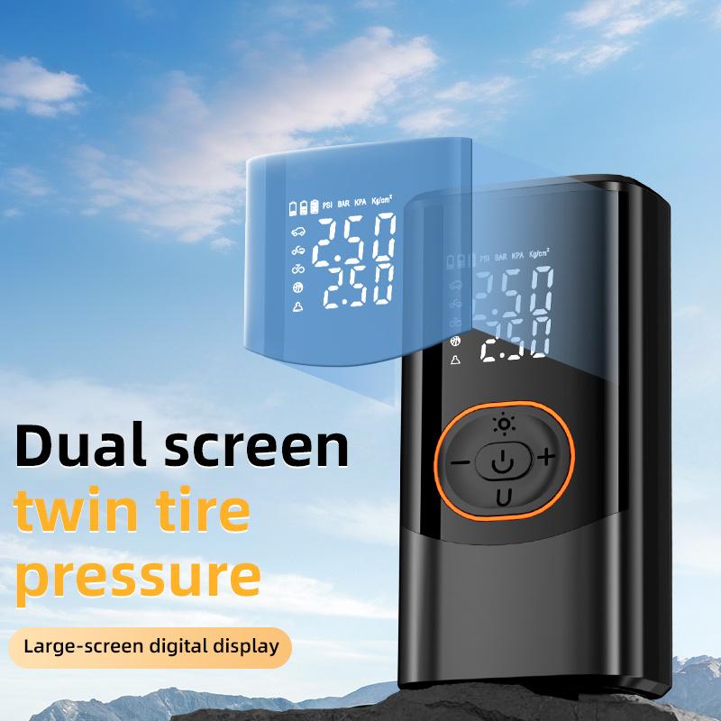 Portable air compressor with digital pressure gauge, 150PSI rechargeable battery, LED light, wireless tire inflator, and USB Type-C interface.