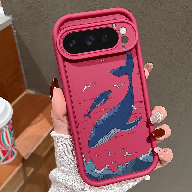 

Матовий м який чохол з принтом морського кита для Google Pixel 9 Pro XL 8 Pro 7A, протиударний TPU, захист об єктива, чохол для телефону Google Pixel 8 вина червоного кольору