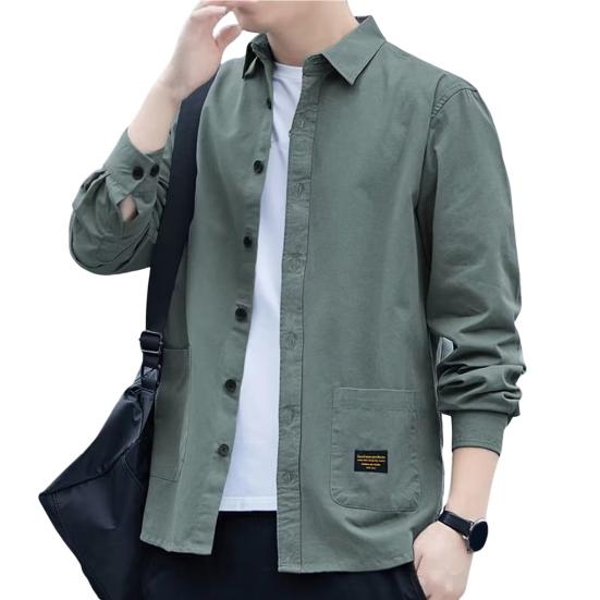 Men Autumn Shirt Double Pockets Solid Color Long Sleeves Turn-down Collar Loose Warm Single-breasted Casual Korean Style Autumn Tops for Daily Wear