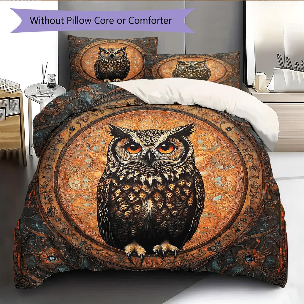 Retro Patterned Owl  Pattern Bedding Quilt Set Quilt Cover Pillowcase Home Decoration  Gift (1 * Duvet Cover + 2 * Pillowcase, Without Core)