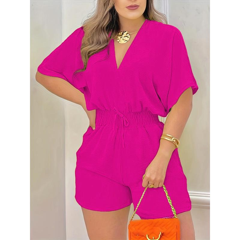 Summer V-Neck Jumpsuit with Drawstring Waist in Multiple Colors Women's casual V-neck jumpsuit; women's casual V-neck romper