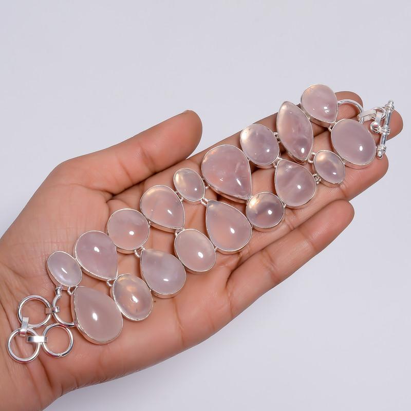 Rose Quartz Sterling Silver Bracelet 100% Natural Rose Quartz Mix Shape Ethnic Style Handmade Jewelry 6-8" WSJ-4633
