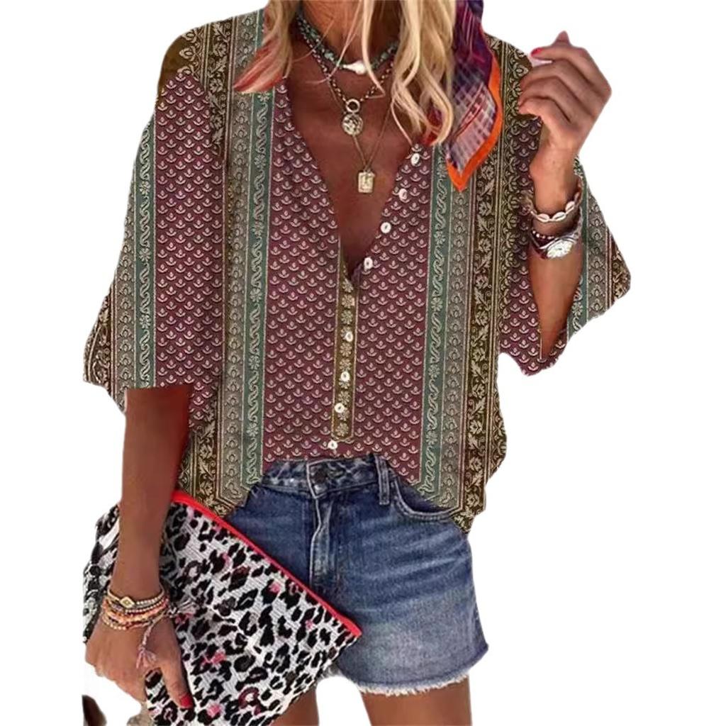 Summer Fashion Stand Up Collar Loose Button Retro Printed Casual Seven Inch Sleeves Women's Blouses & Shirts