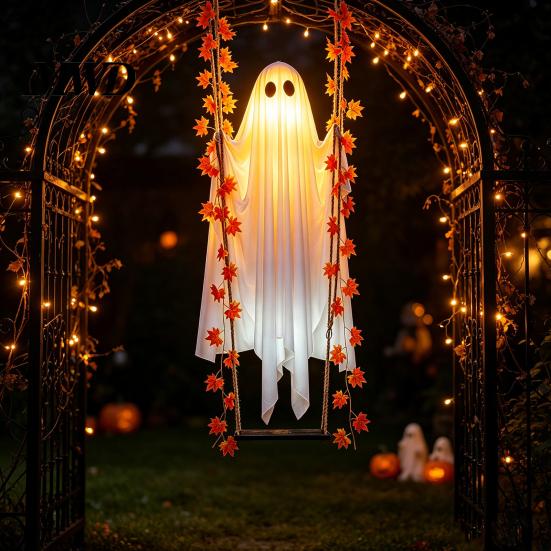 Outdoor Halloween Dekorationen Hängende Schaukel Geist, Leuchtender Schwingender Geist mit Ahornblatt Saisonale Gartenparty Ornamente Ranken Lichter Und Fernbedienung